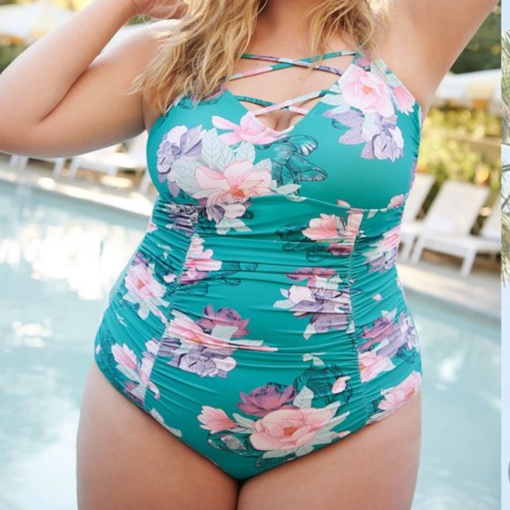 TEAL FLORAL STRAPPY WIRELESS ONE-PIECE SWIMSUIT